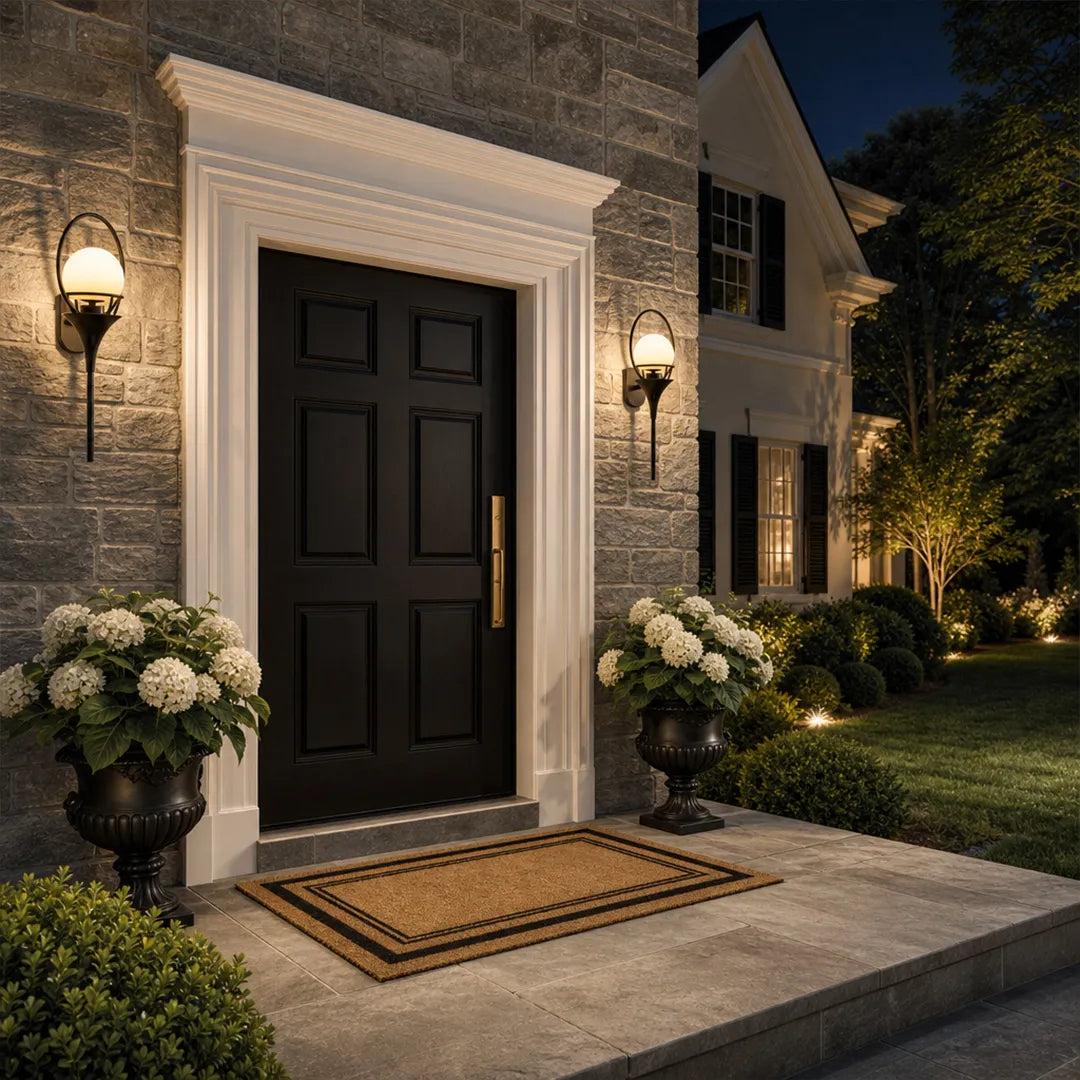 Wall mounted outdoor lighting illuminating a traditional front entrance with a black door and stone facade.