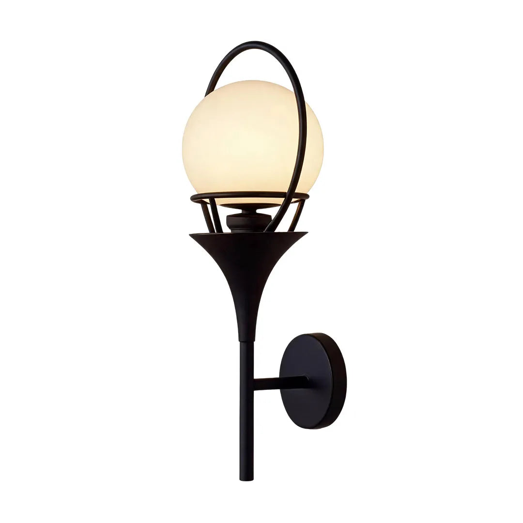 Wall mounted outdoor lighting with a tall black frame and large oval frosted glass shade.
