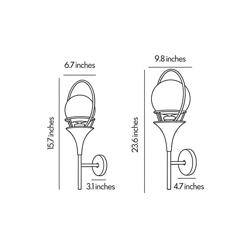 Wall mounted outdoor lighting dimension diagram showing 15.7-inch and 23.6-inch fixture height options.