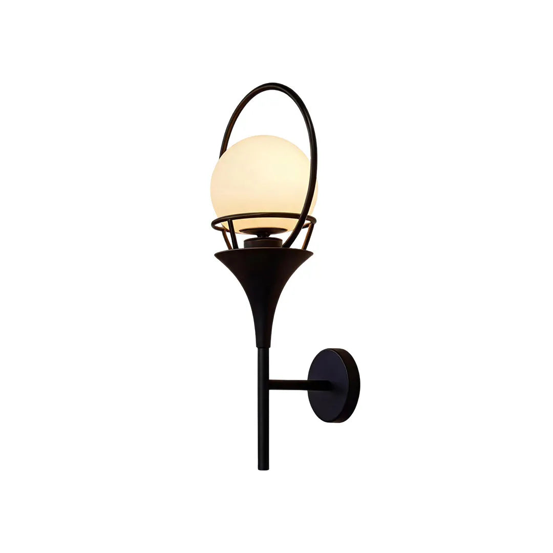 Wall mounted outdoor lighting with a slim black arm, circular backplate, and small frosted globe shade.