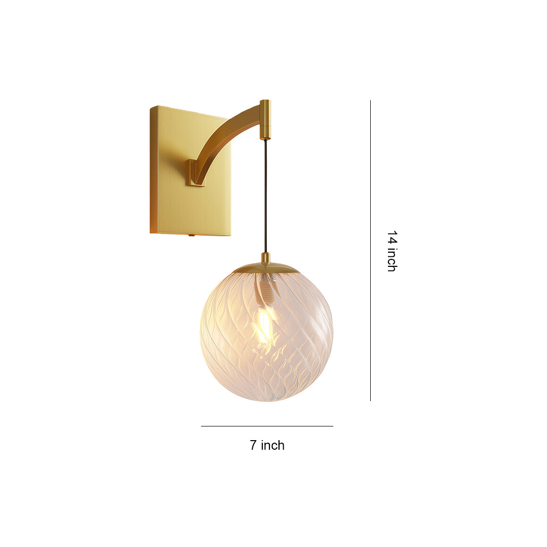 Wall mounted pendant light with glass shade chandelier inspired design in brushed gold finish with textured spherical glass shade and dimensions.