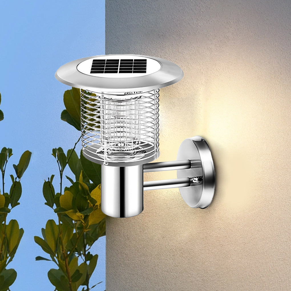 Wall mounted solar light bug zapper for outdoor insect control.