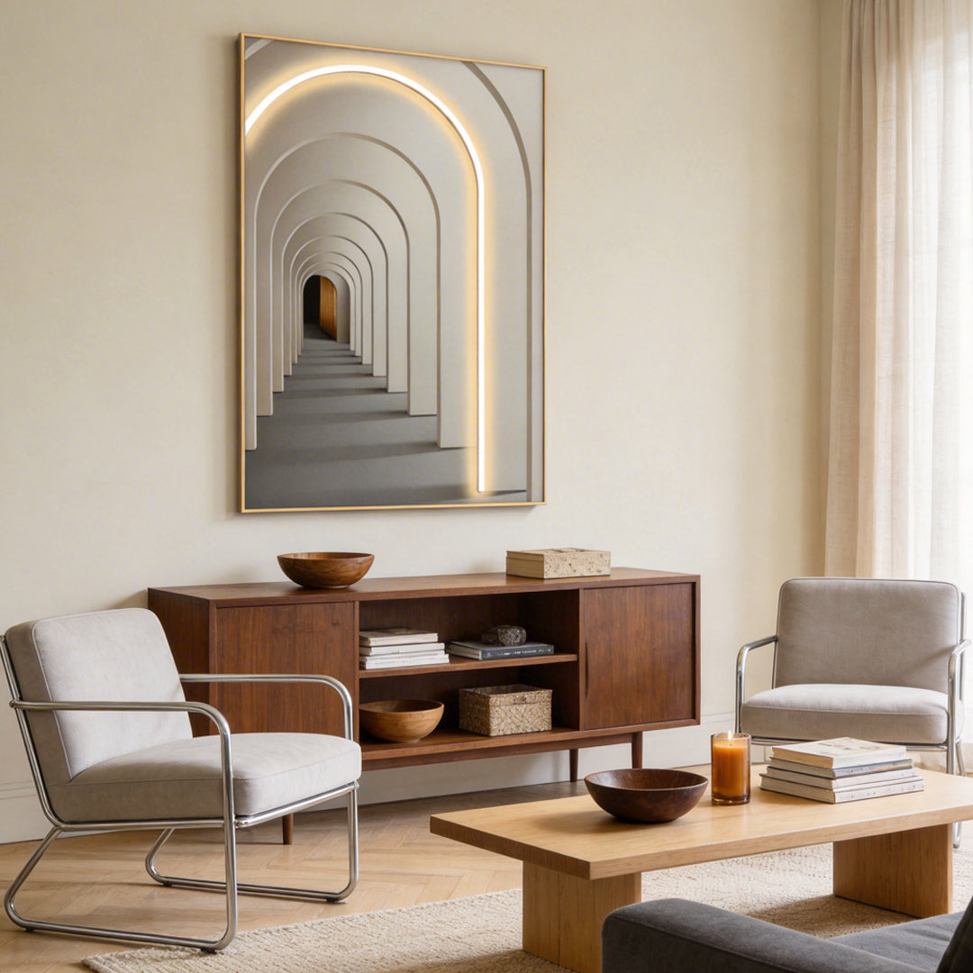 Wall painting light with a 3D archway effect, enhancing a cozy interior space.