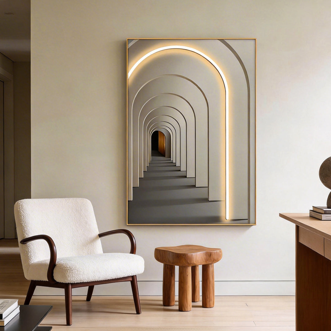 Wall painting light featuring an illuminated archway design in a modern living room.