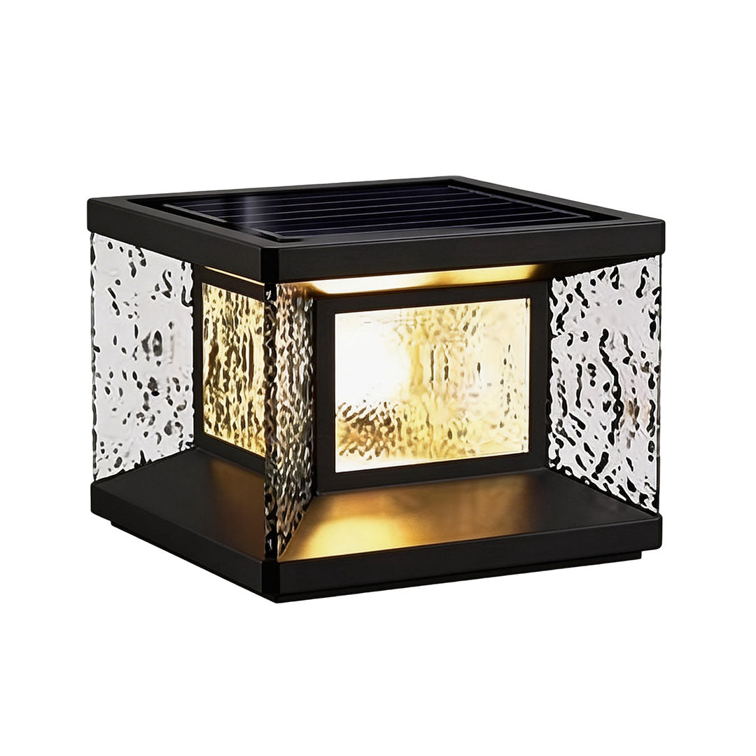 Wall pillar lights with a black frame and textured glass, providing soft outdoor lighting.
