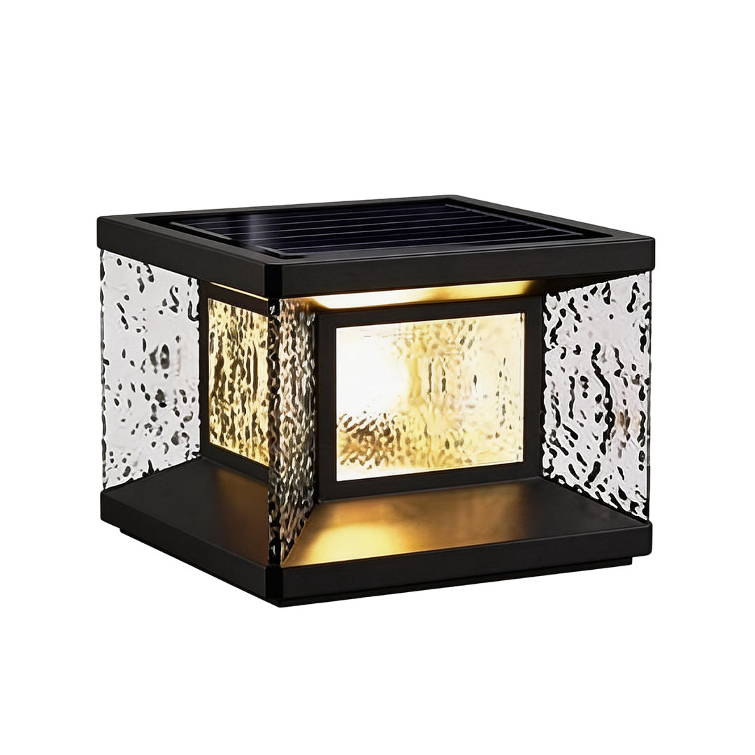 Wall pillar lights with a black metal frame and illuminated glass for garden ambiance.