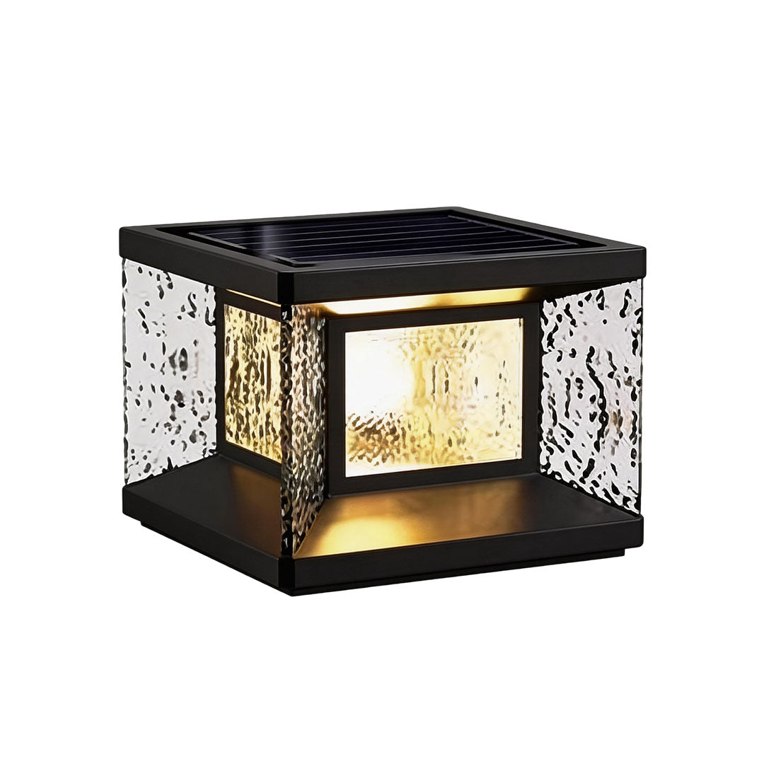 Wall pillar lights with a black metal frame and textured glass for outdoor pathways.