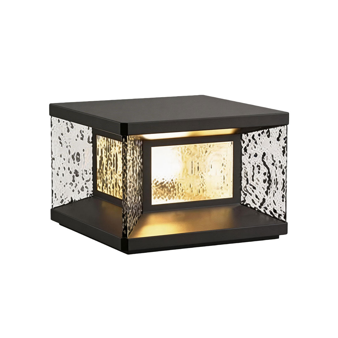 Wall pillar lights with a modern black frame and illuminated glass panels for pathways.