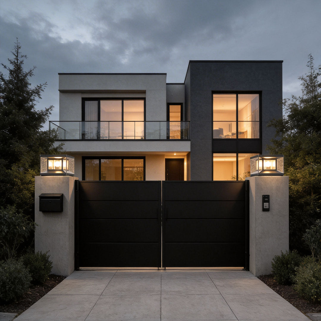 Wall pillar lights with a modern design installed on stone pillars near a contemporary home.