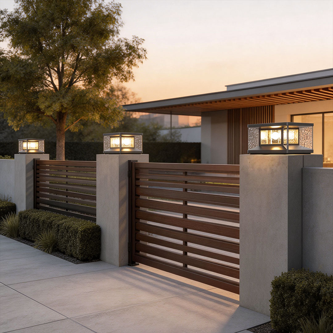 Elegant wall pillar lights mounted on stone pillars beside a wooden fence at dusk.