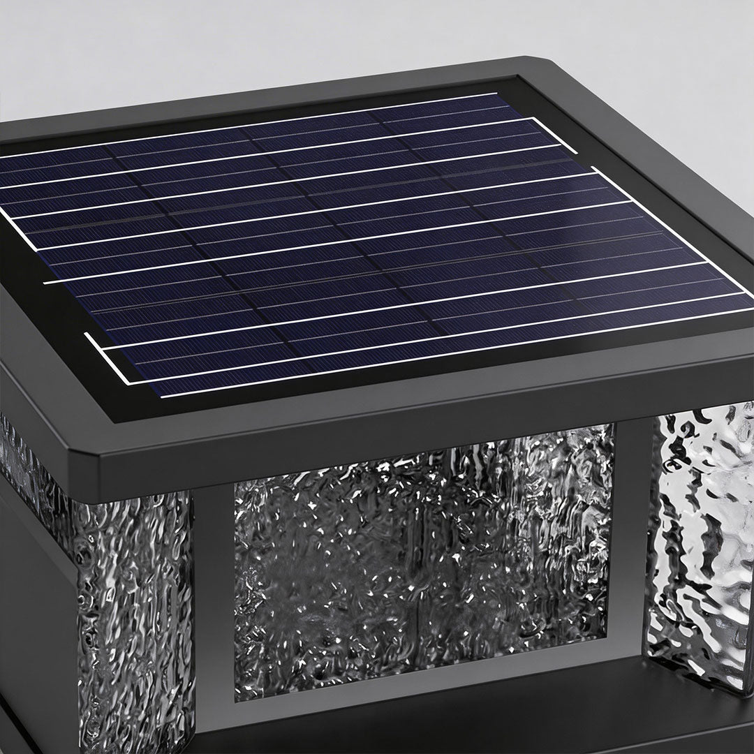 Wall pillar lights with a textured glass design and black frame for garden pathways.
