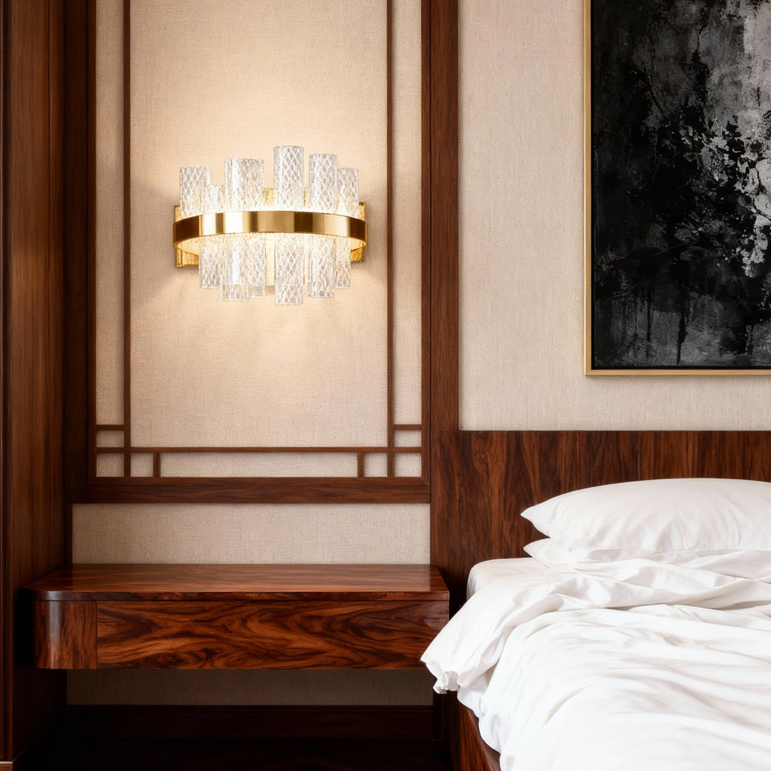Wall sconce glass mounted on wall near wooden furniture in contemporary bedroom with Japanese sliding door elements