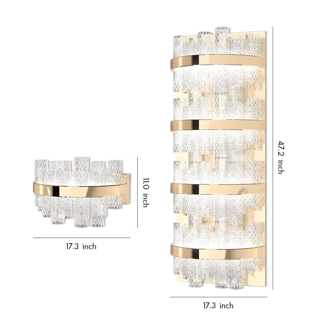 Wall sconce glass fixture featuring vertical rectangular design with layered crystal glass panels and brass accents