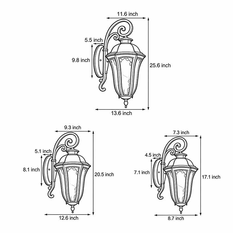 Technical diagram of wall sconce lantern showing dimensions and installation details.
