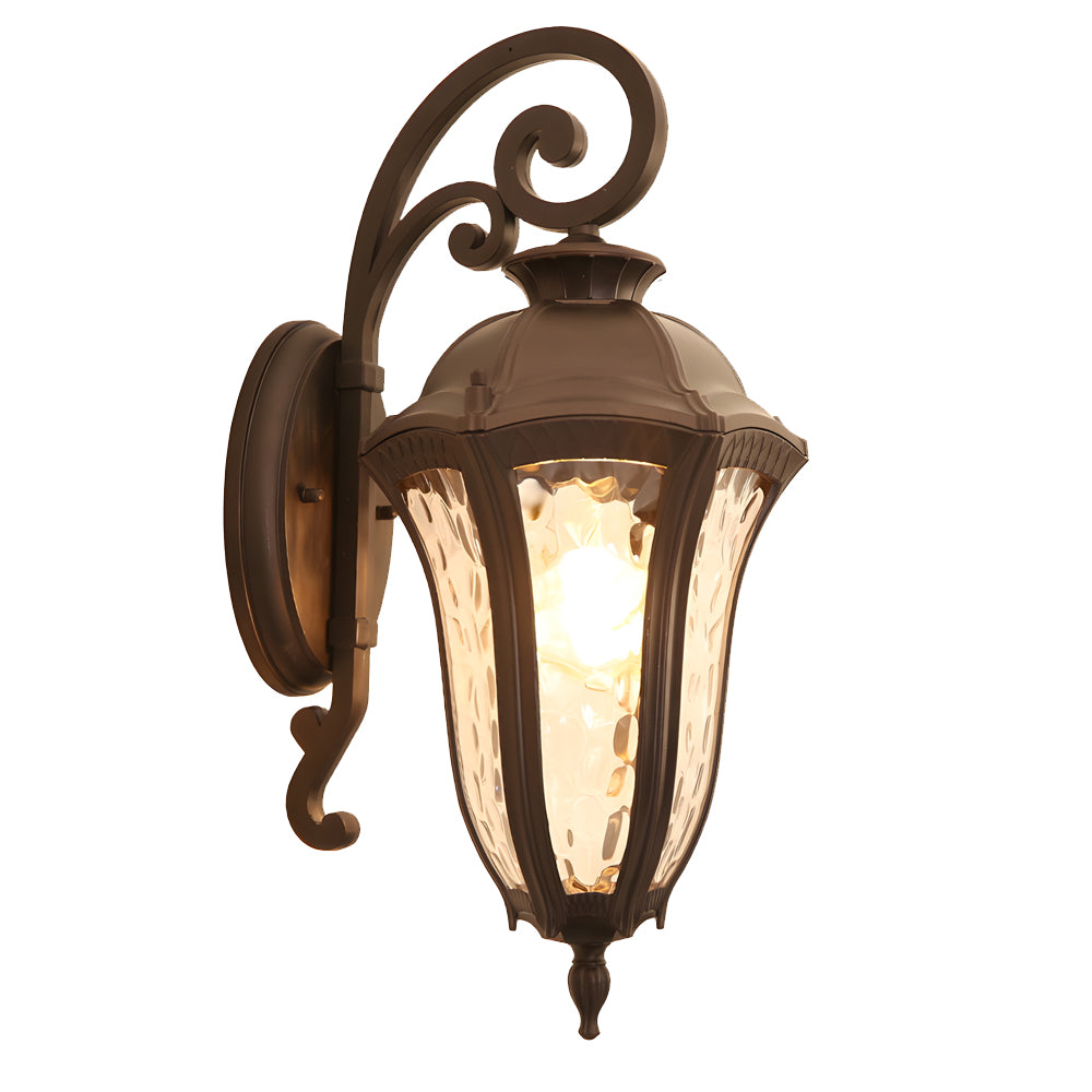 Wall sconce lantern with a vintage look, illuminating a cozy outdoor space.