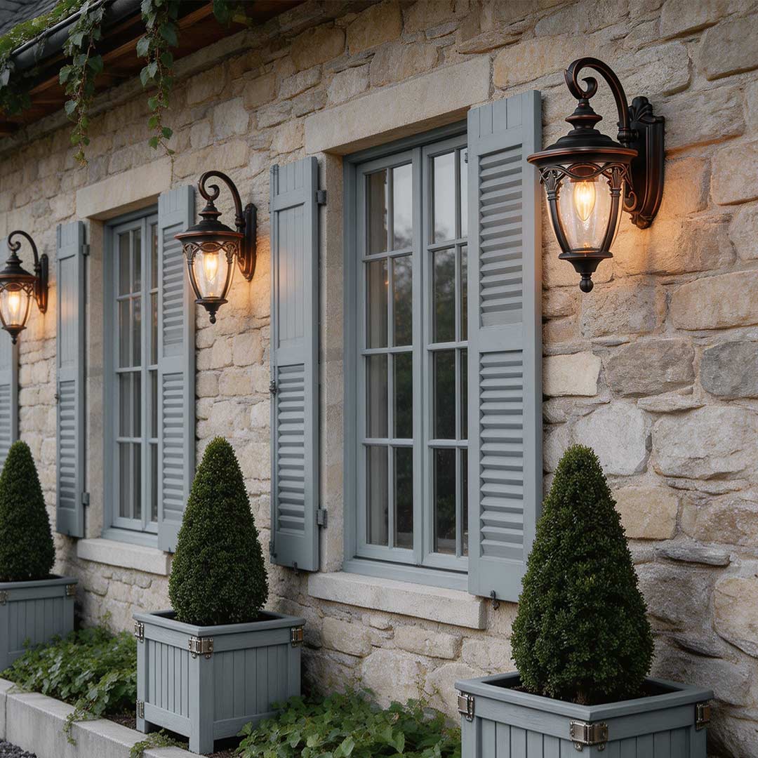 Wall sconce lantern with a vintage style, installed on a stone exterior wall.