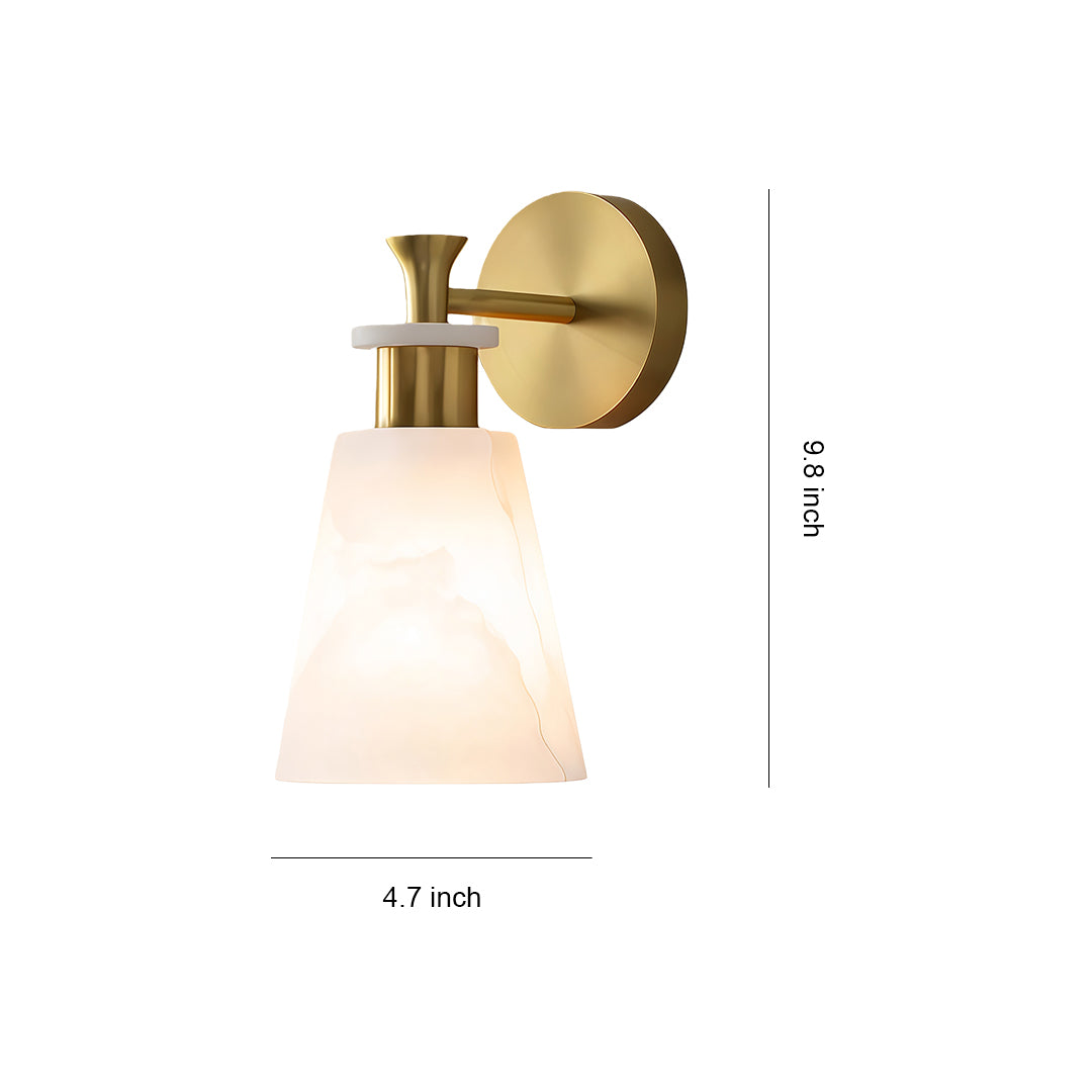 Wall sconce LED light with glass shade chandelier inspired design in conical form with brushed gold hardware and frosted shade.