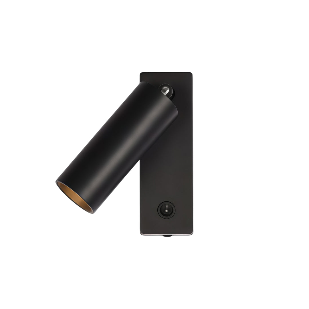 Minimalist black wall sconce reading light featuring angled spotlight and sleek rectangular wall mount.