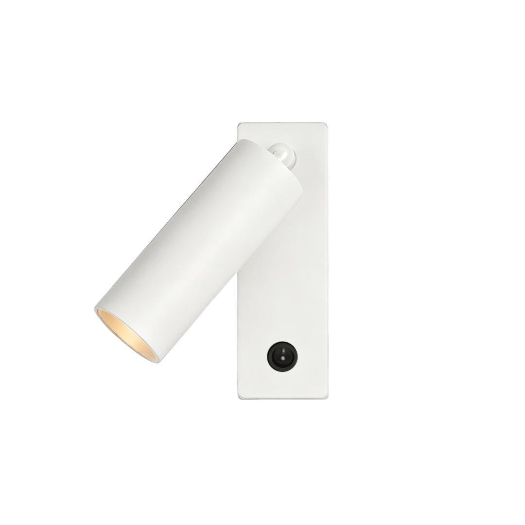 Modern white wall sconce reading light with adjustable cylindrical spotlight and minimalist backplate design.
