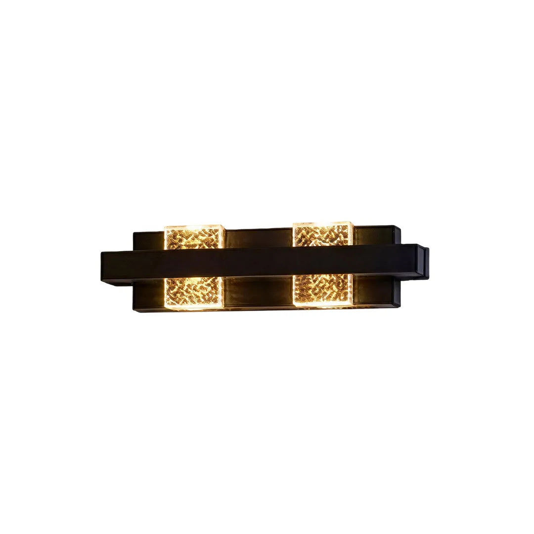 Wall sconce up and down light shown in an angled view with layered black metal bars and crystal-textured light blocks.