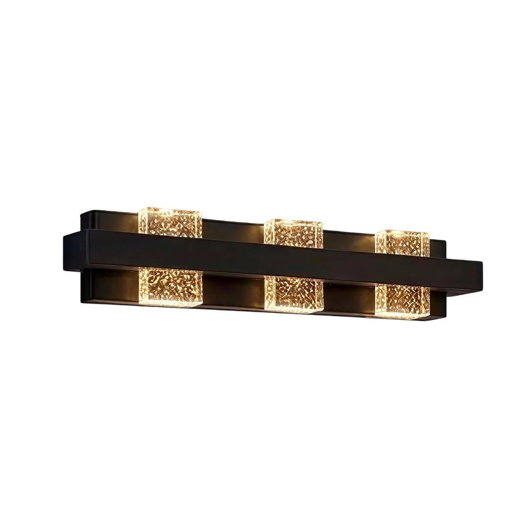 Wall sconce up and down light in a long horizontal design with multiple glowing crystal diffuser sections.