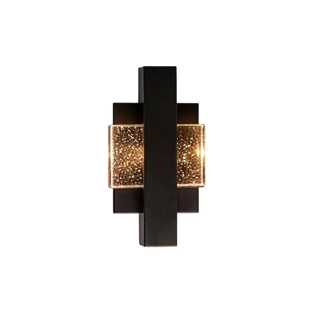 Wall sconce up and down light in a vertical design with a black frame and illuminated crystal blocks.