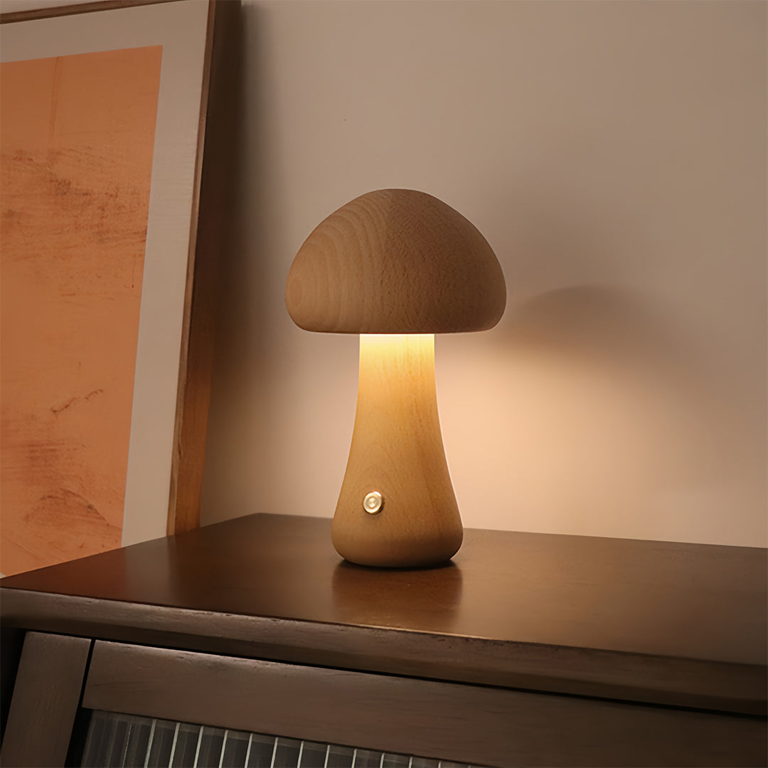Mushroom table lamp positioned on wooden shelf against wall for ambient room lighting