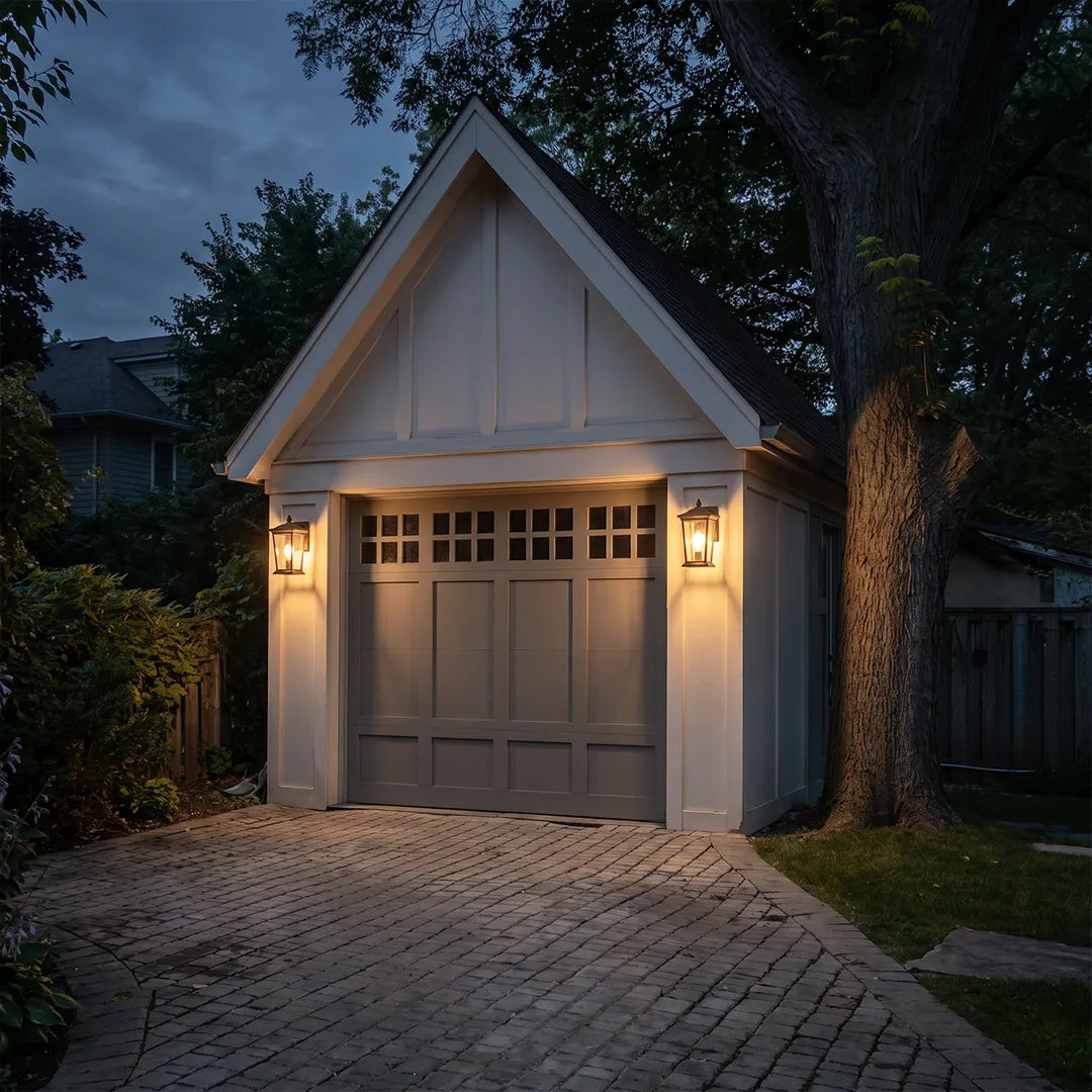 Wall vintage lights installed beside a white garage door for classic exterior accent lighting.
