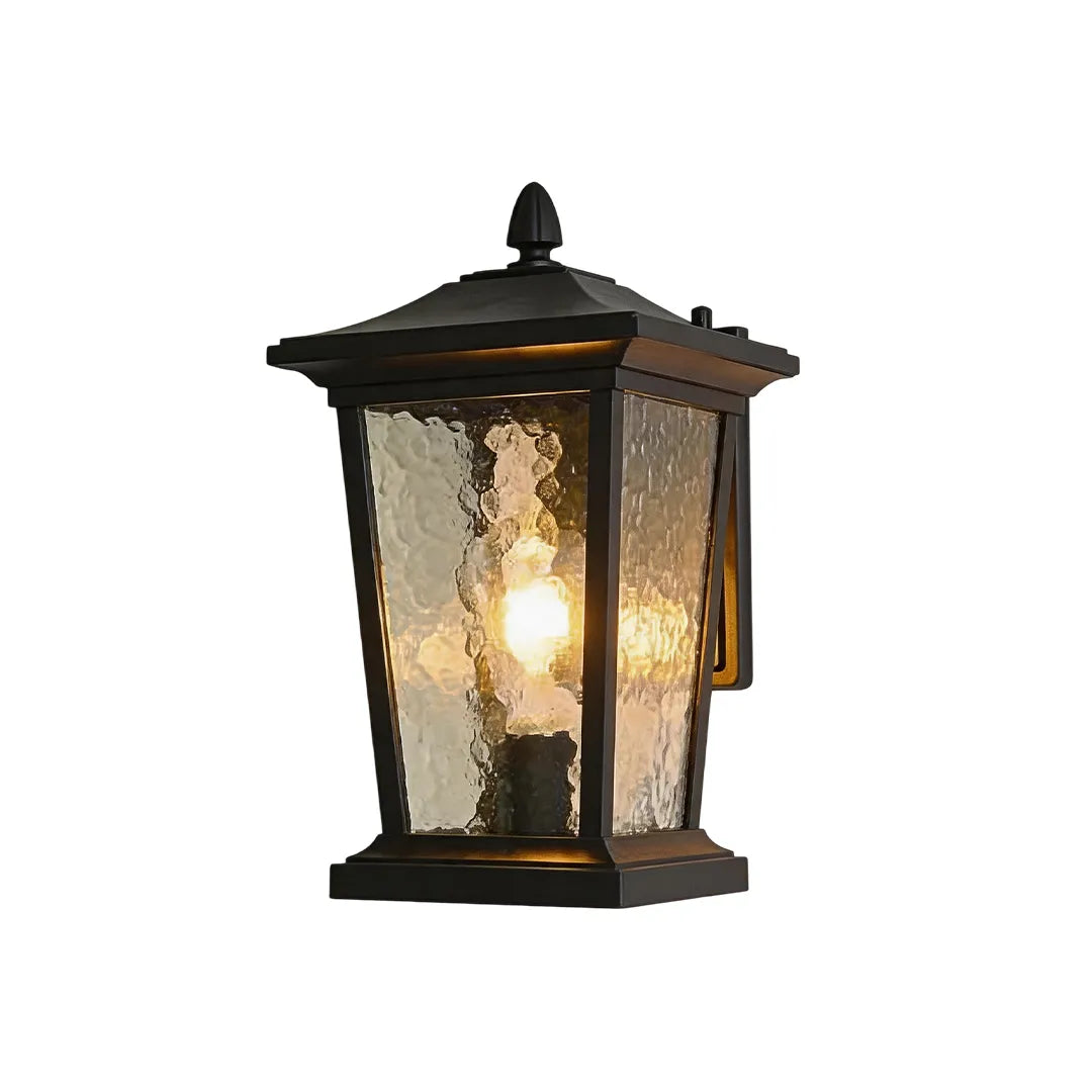 Wall vintage lights featuring textured glass panels and a weathered bronze lantern frame.