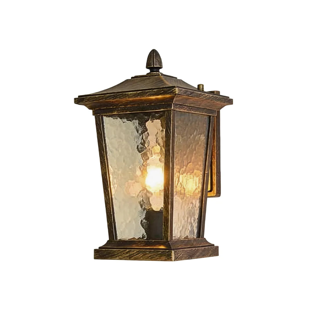 Wall vintage lights featuring textured glass panels and a weathered bronze lantern frame.
