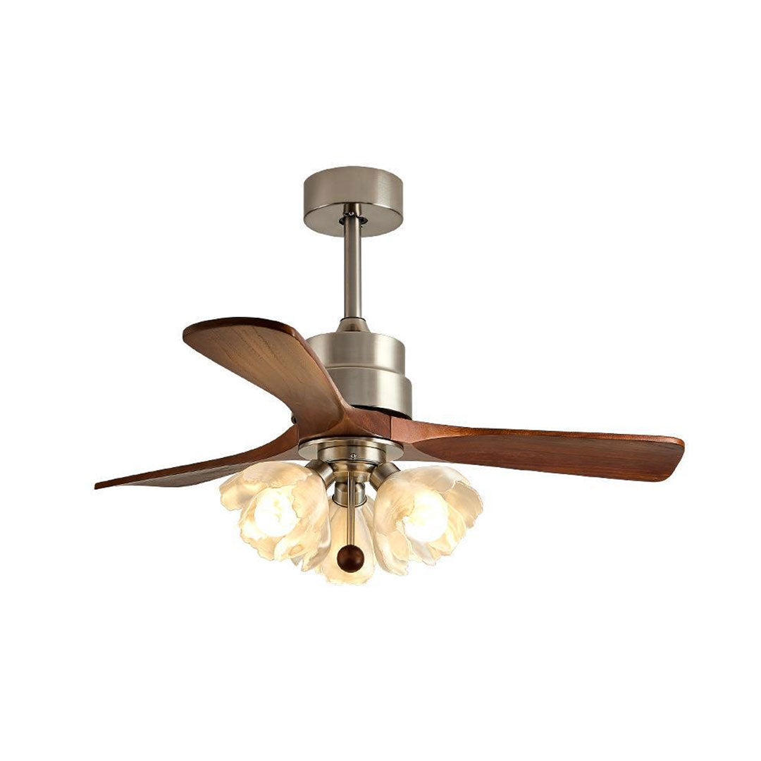 Ceiling fan with LED lighting featuring walnut blades and flower-shaped glass light shades.