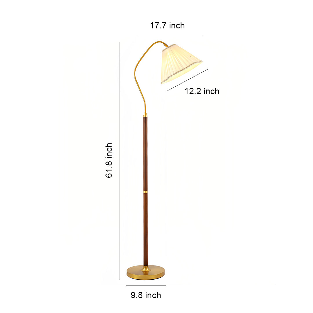 Modern walnut floor lamp with white fabric shade and brass base, showing technical dimensions