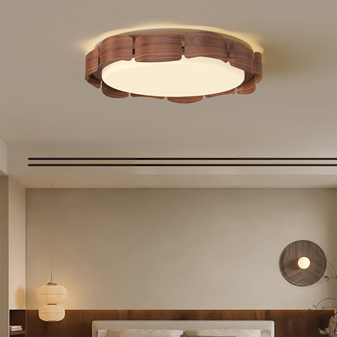 Walnut finish glass shade chandelier featuring energy-efficient LED ceiling light in kitchen