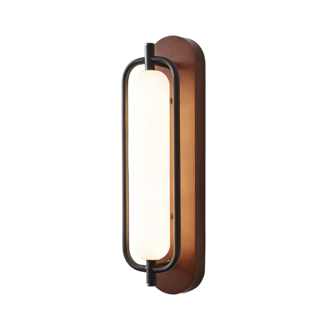 Wall mount outdoor solar lights in dark walnut finish with frosted elongated shade.