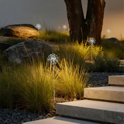 Warm ambient lighting from decorative starburst fixture showcasing beautiful landscape garden lights at dusk