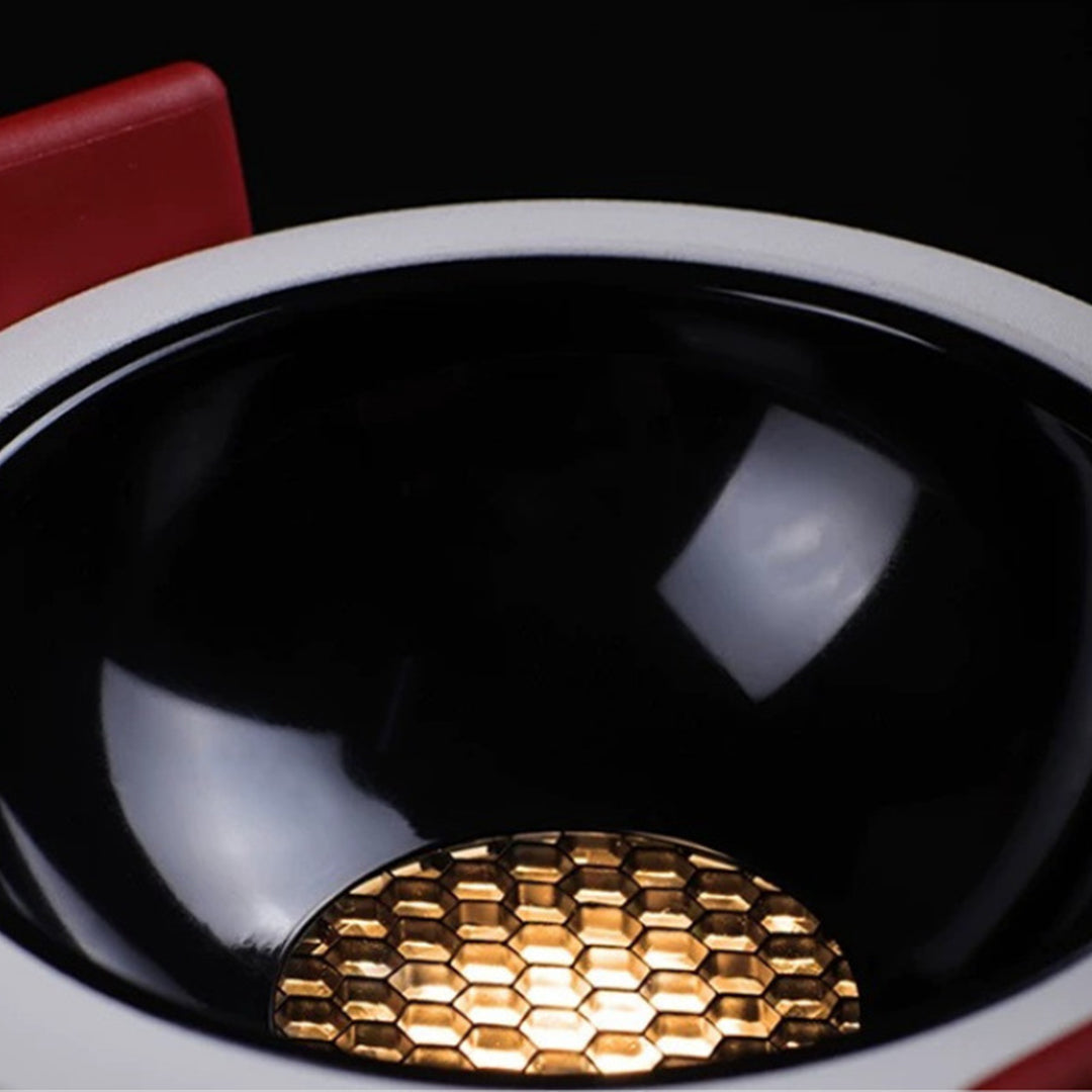 Detailed view of ceiling round led lights showing warm light output and precision beam control