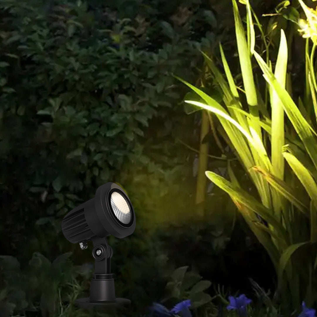 Warm LED landscape lights highlighting ornamental grass and foliage in evening outdoor space