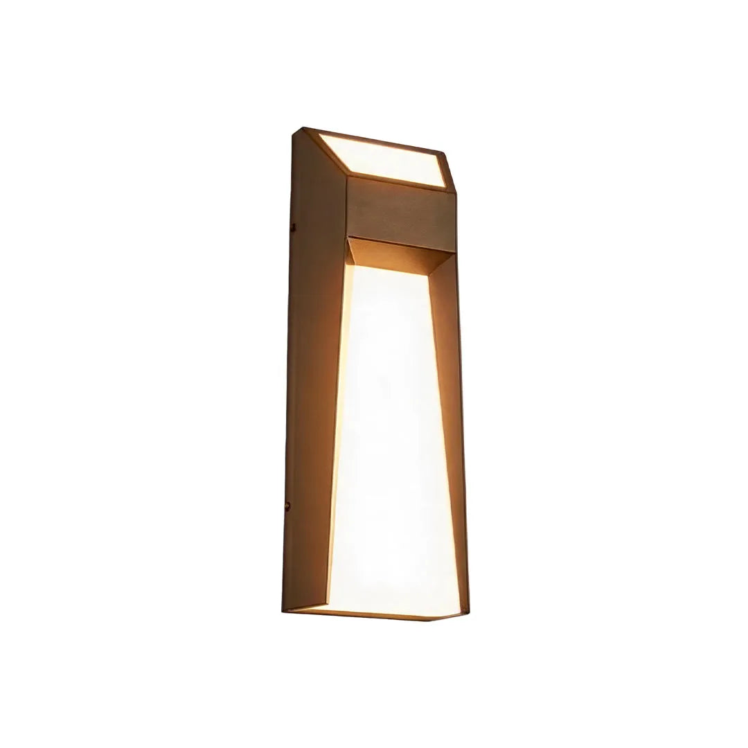 Warm LED outdoor wall mount lighting with a gold frame and minimalist vertical profile.