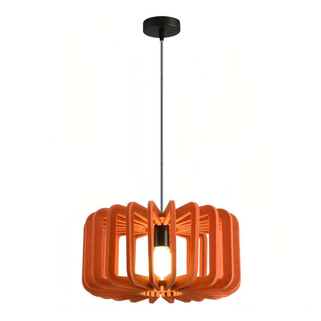 Warm orange felt fabric Nordic pendant lights with black and white braided cable.