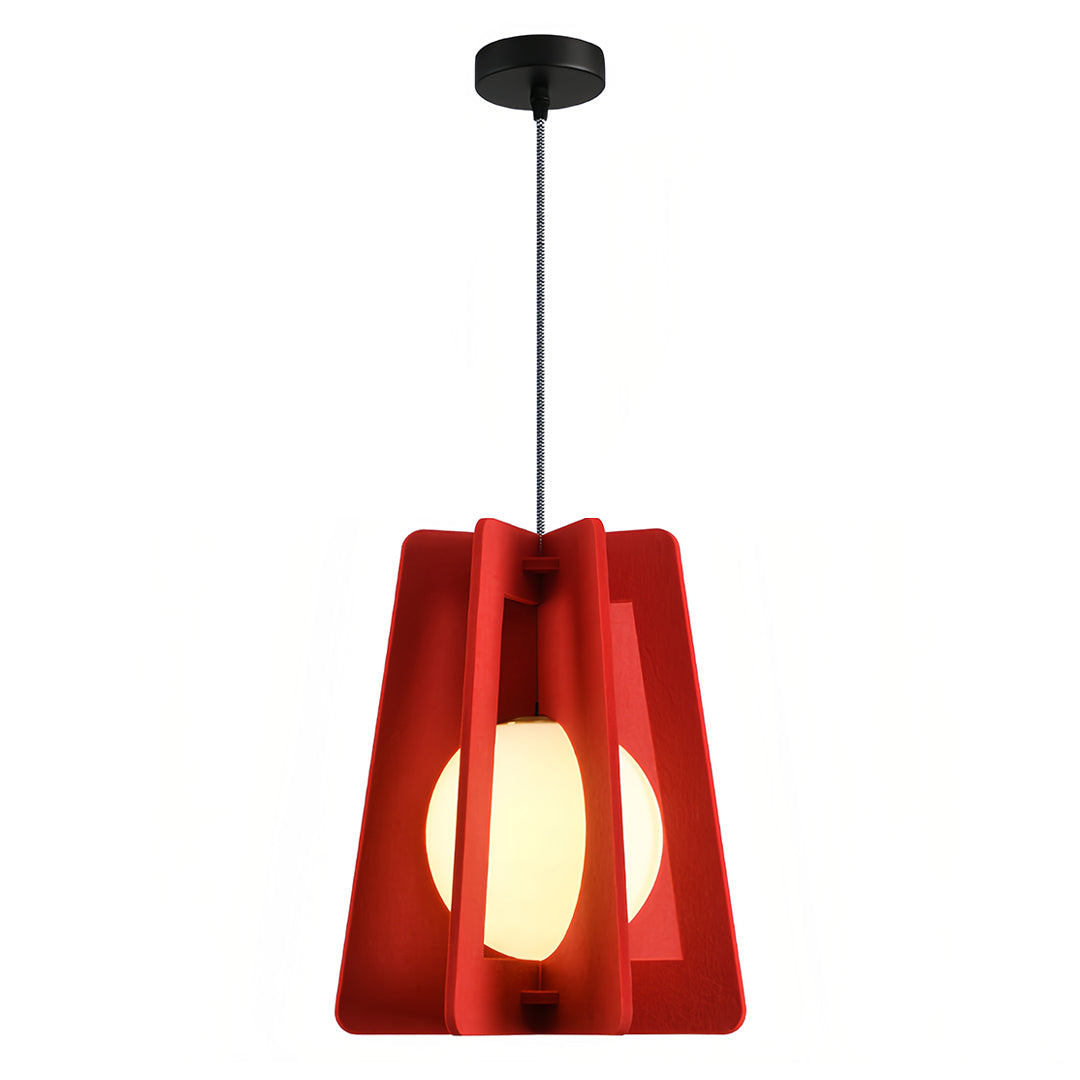 Warmly lit red felt fun pendant lights emphasizing the material's thickness and layered design. 