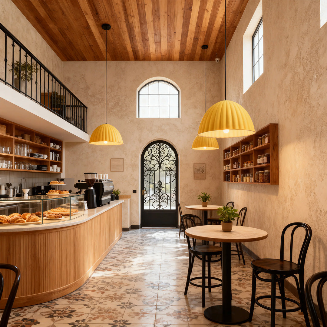 Warm-toned cafe interior featuring two accenting yellow dome pendant lights and rough textured walls (Note: highlighting the contrast from gray pendant light).