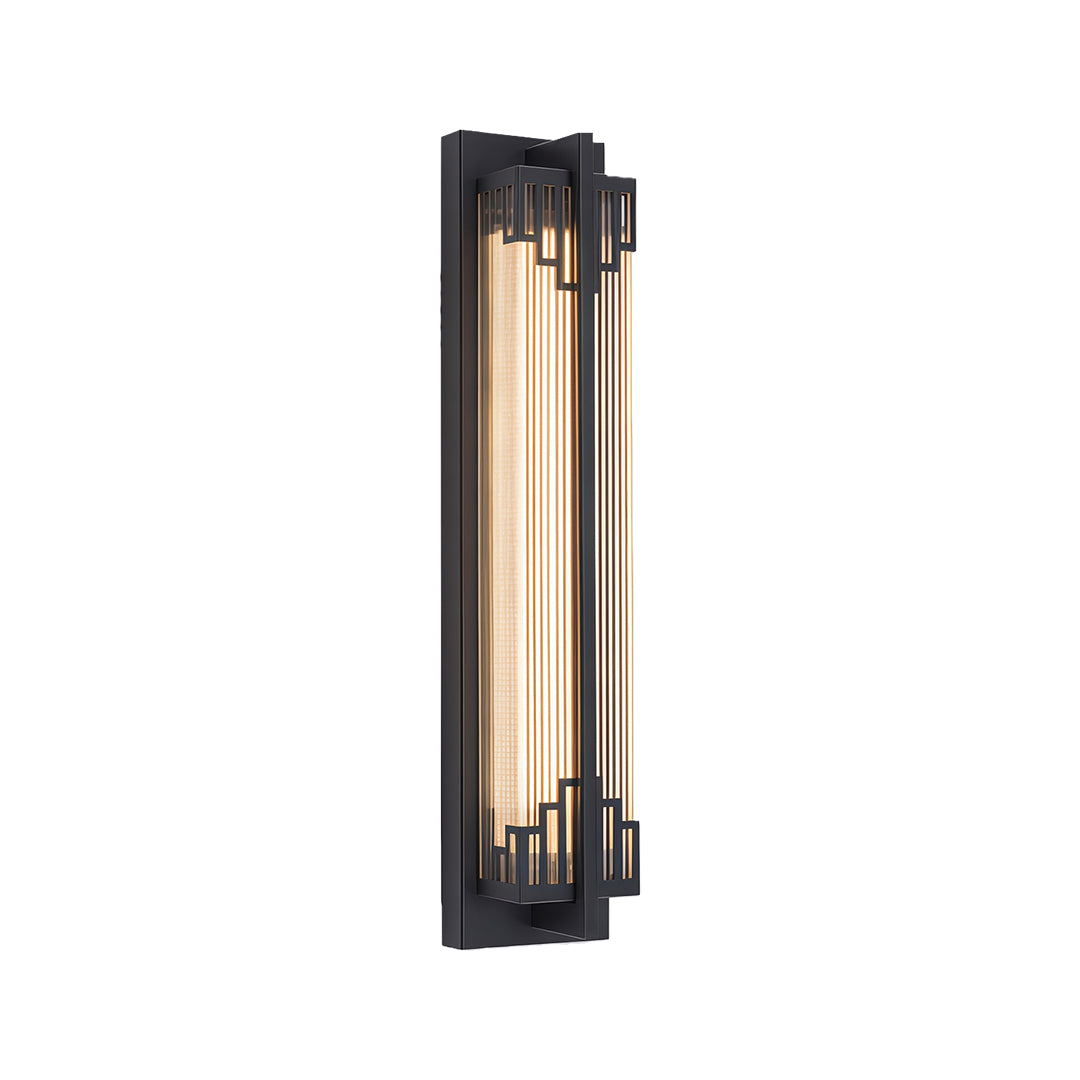 Warm-toned outdoor wall mounted LED lights mounted beside the doorway of a modern house, casting a soft, ambient glow.
