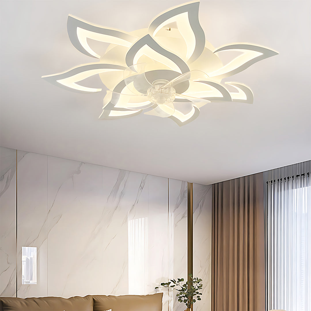 Warm-toned flower ceiling light in contemporary bedroom with curtains