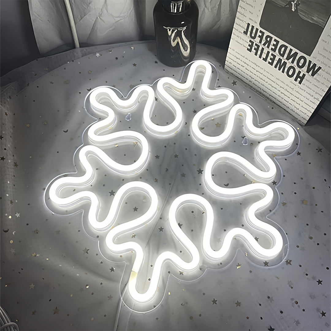 Warm white snowflake LED neon sign, a versatile light used for winter or seasonal halloween neon lights decor.