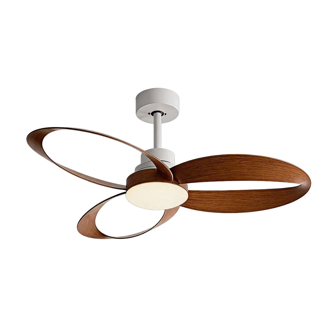 Modern ceiling fans with light featuring warm wood loop blades and a round integrated LED fixture.