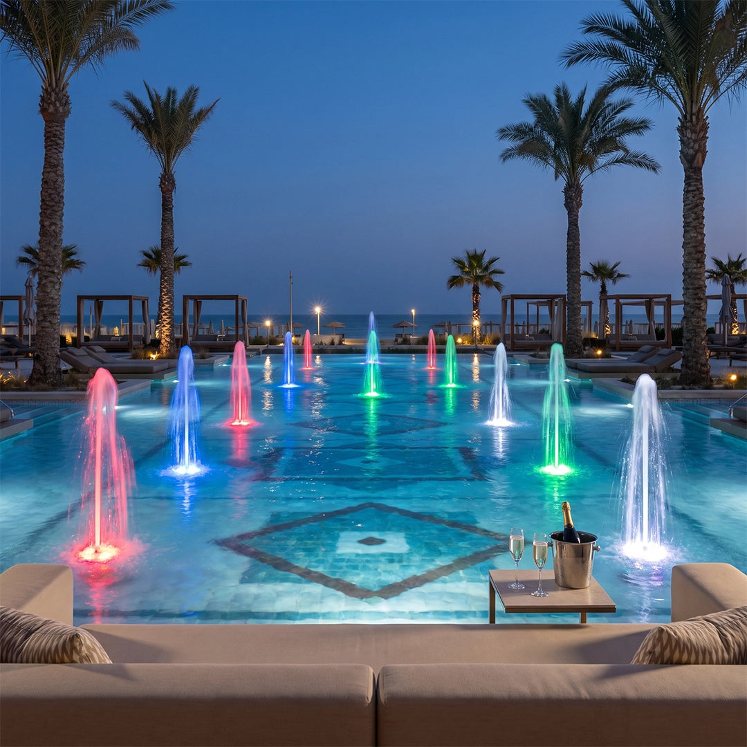Water fountain lights illuminating multiple colorful jets across a resort pool at dusk.