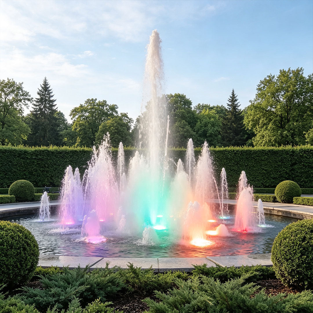 Water fountain lights creating pastel-colored illuminated jets in a formal garden fountain during daytime.