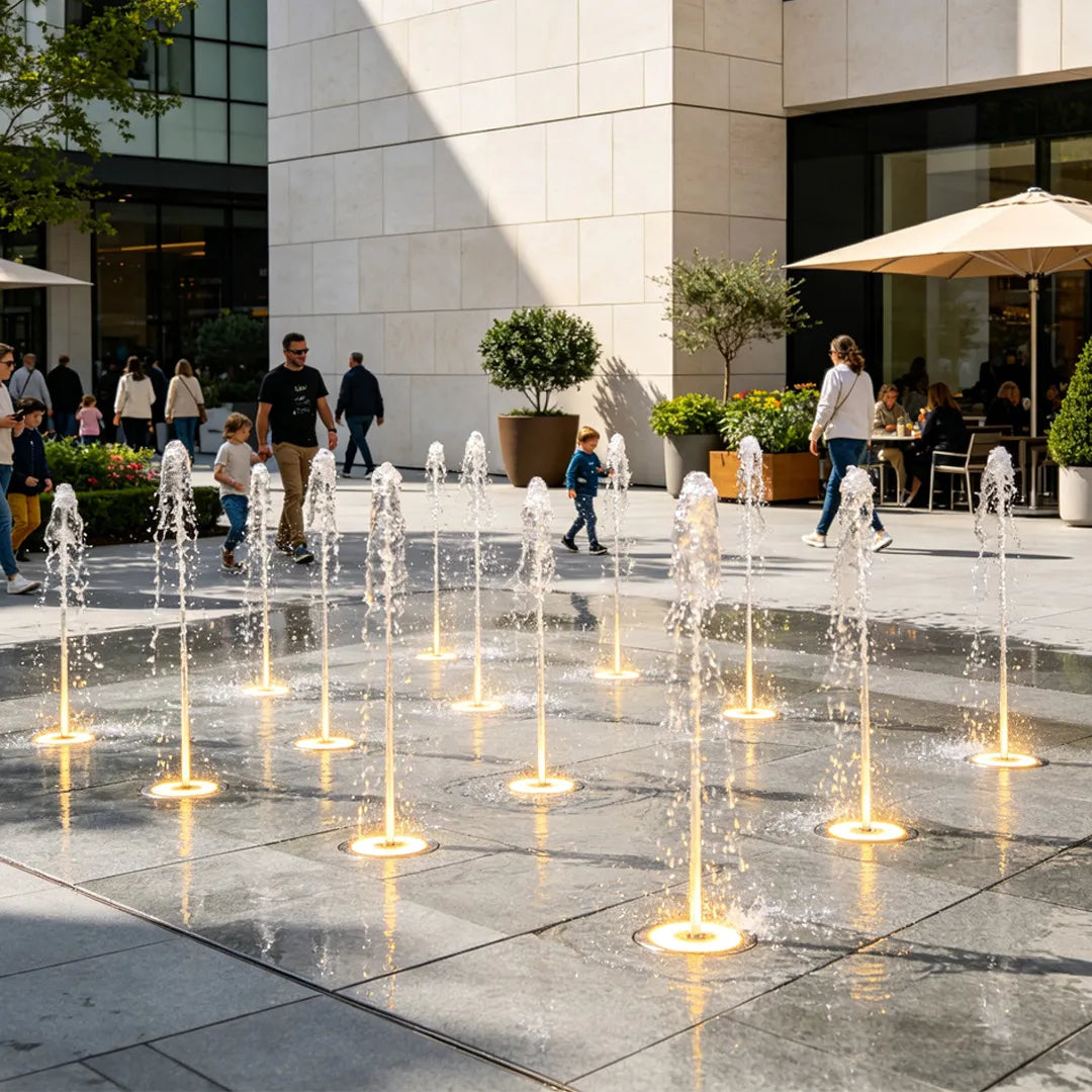 Water fountain lights installed in a public plaza, illuminating multiple ground-level jets with warm white light.