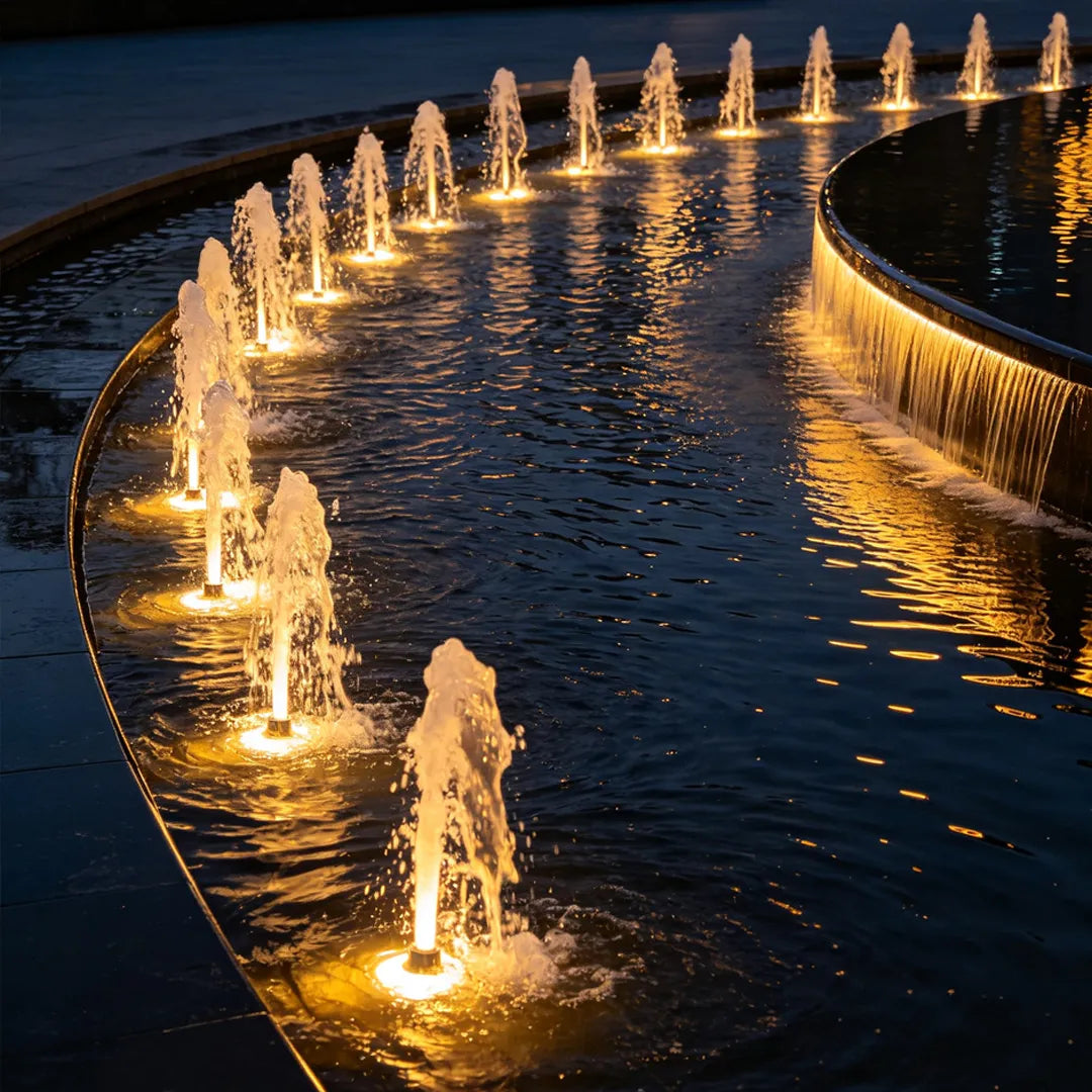 Water fountain lights casting warm illumination along a curved row of synchronized fountain jets.