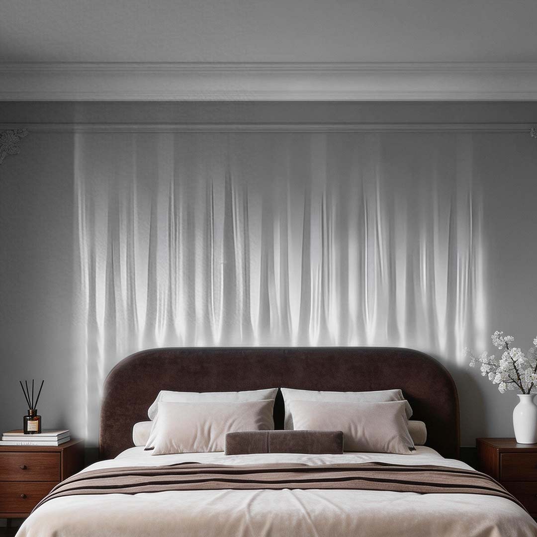 Water pattern lamp with a sleek white wave design, illuminating a cozy bedroom.